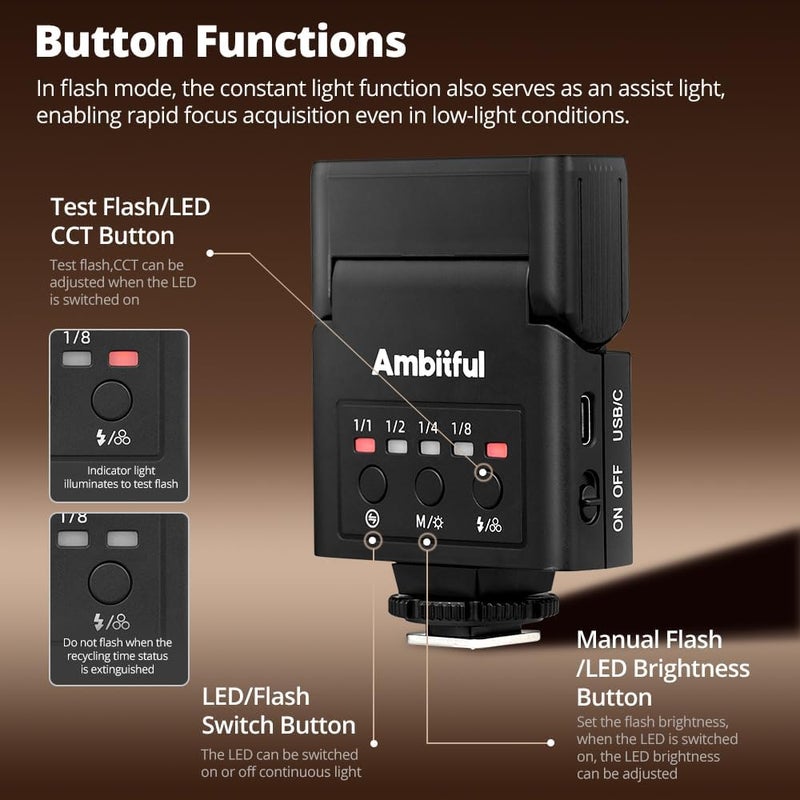 AMBITFUL AF10 Mini Camera Flash, Rechargeable Speedlight GN10 with Diffuser, 7500K 90° Tilt Universal Single-Contact Hot Shoe Flash Compatible with Sony A7IV A7III, Canon, Nikon, Fuji, Panasonic - Image 4